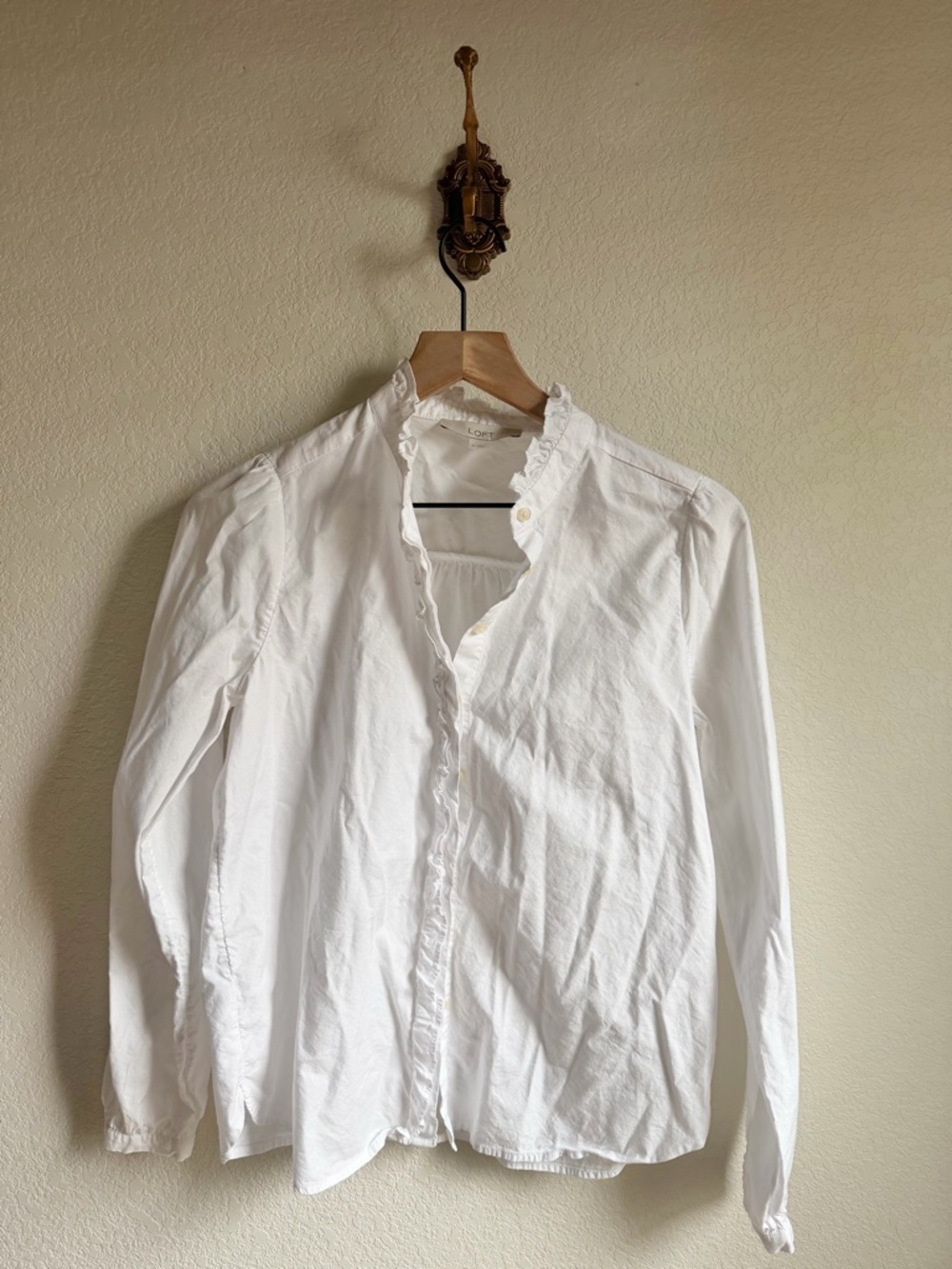 LOFT White Ruffle-Trim Button-Up Blouse